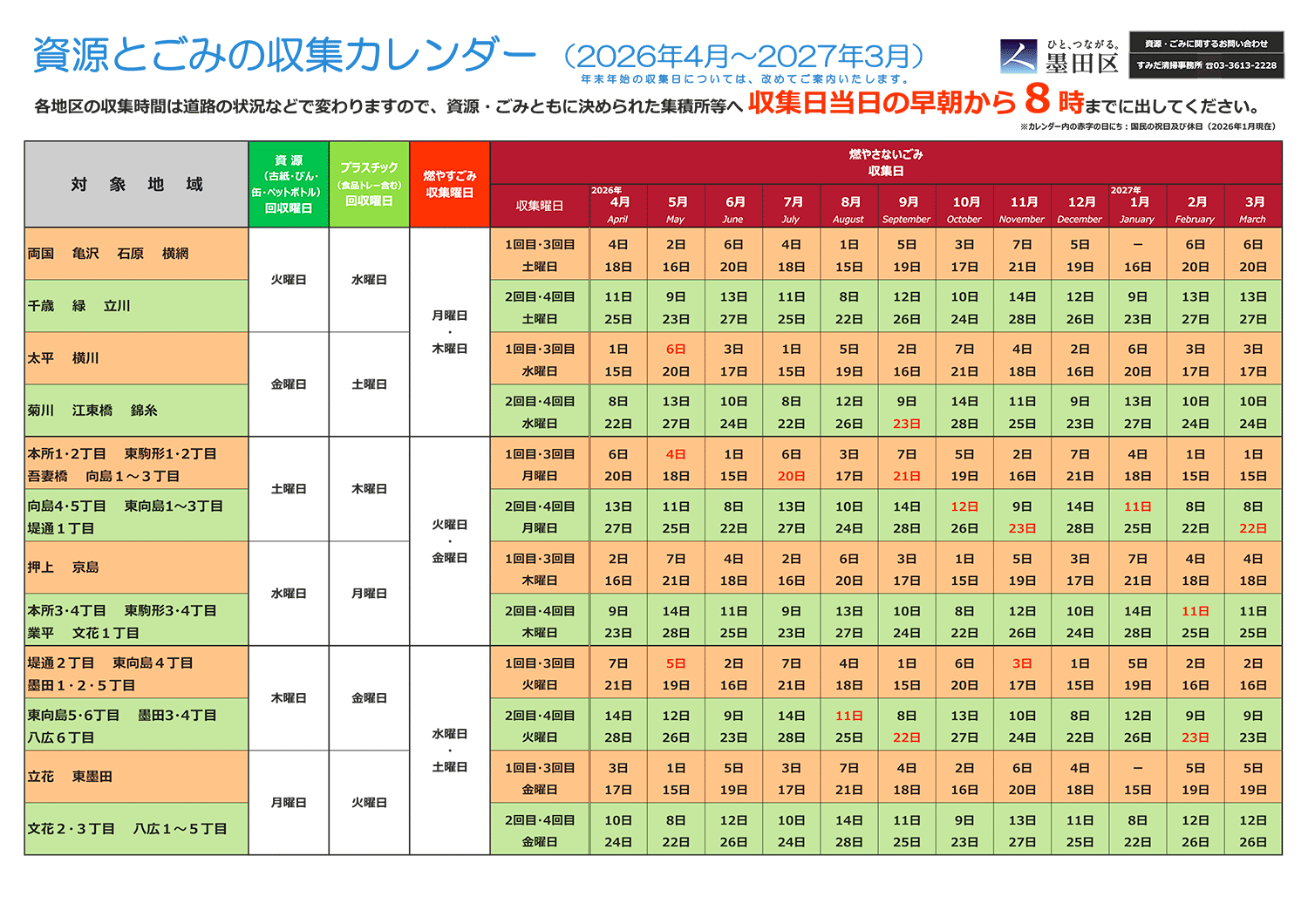 み~　すべておまとめ分 墨田区「資源とごみの収集カレンダー」（2026.4〜2027.3） | 墨田区の